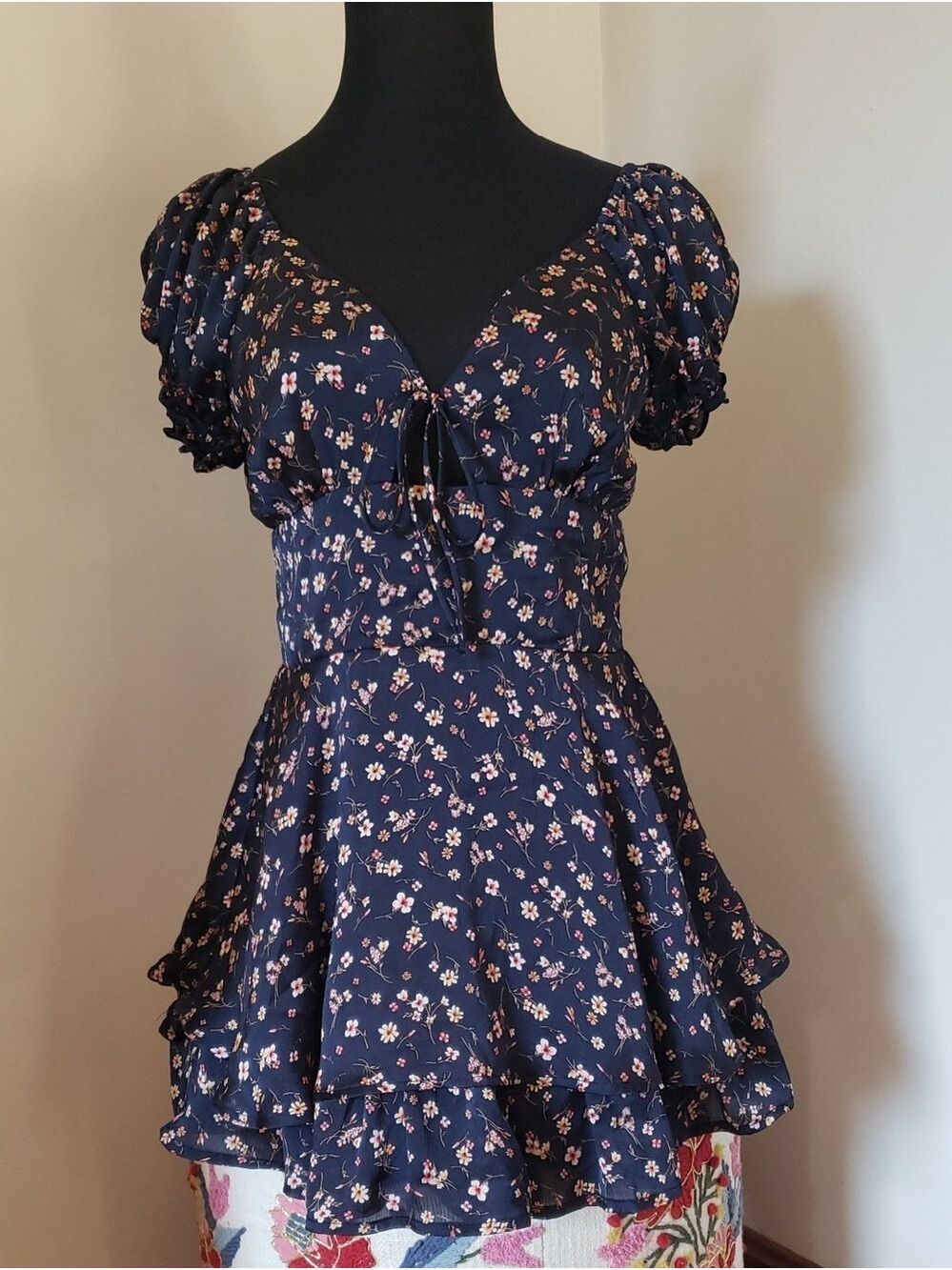 Altar'd State Navy Floral Puff-Sleeve Tie-Front Shorts Romper